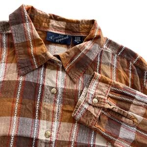 Giselle Apparel Womens 2X Brown Gray Plaid Rustic Button Front Long Sleeve Shirt